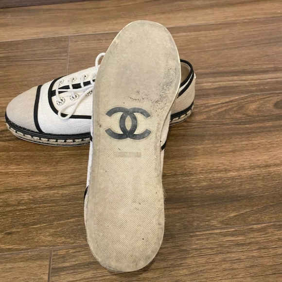 CHANEL Espadrilles Lace Up Cotton Loafers 39.5 - Picture 6 of 7